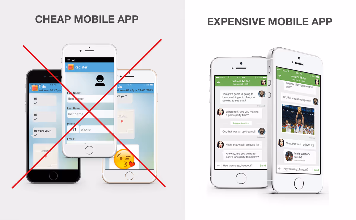 Decide what to build first: web app vs mobile app by comparing the looks of a cheap and an expensive mobile app.