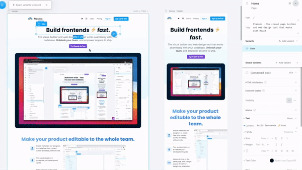 Snapshot of Plasmic’s drag-and-drop features.
