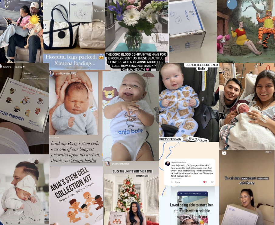 Collage of parent-shared photos: kit arrivals, newborn moments, hospital rooms, and thank-you posts from Anja families