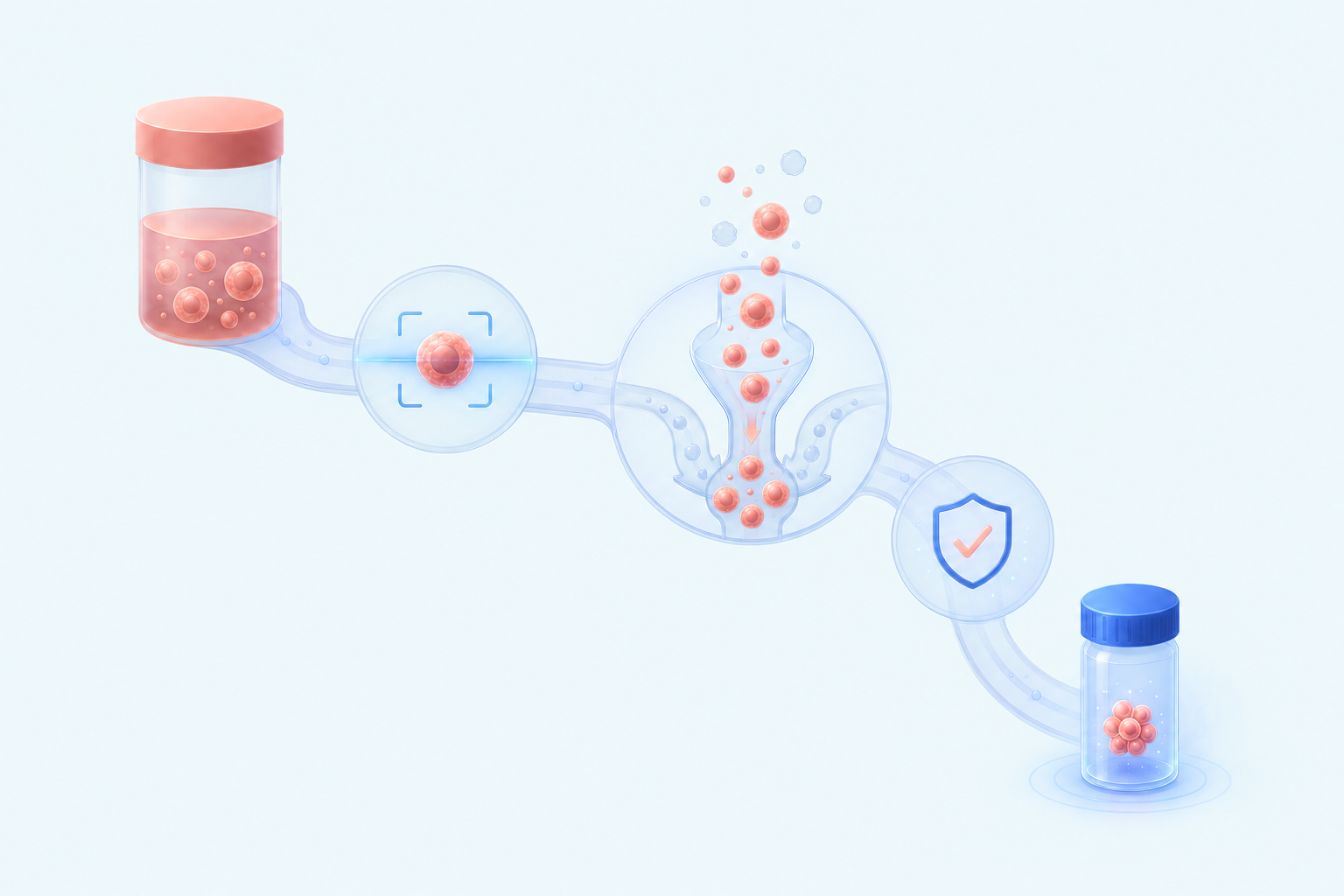 Diagram of a low-volume cord blood collection moving through sample assessment, specialized cell concentration, quality checks, and cryopreservation
