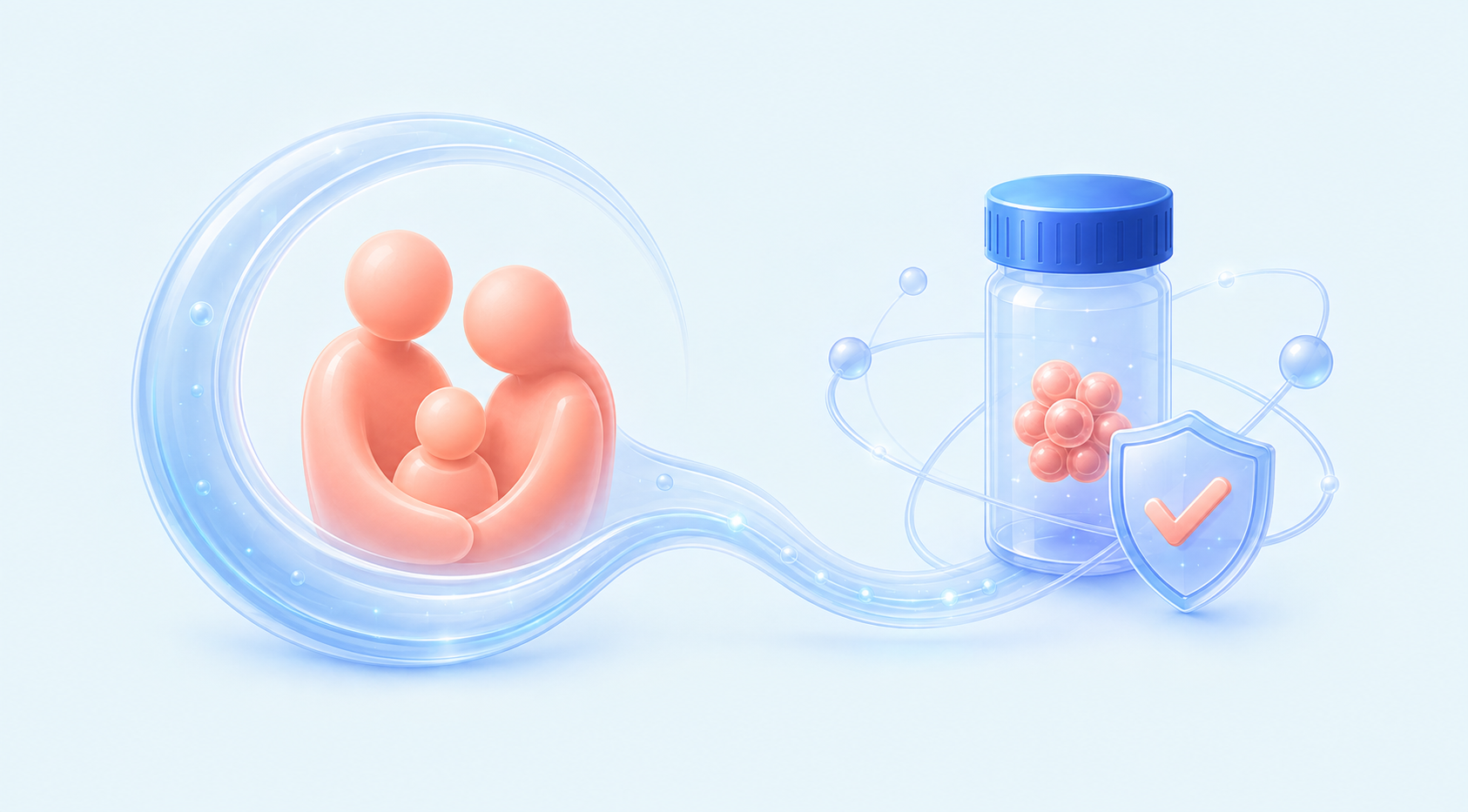 A family beside a preserved cord blood sample with a quality shield, representing family-first support backed by laboratory science