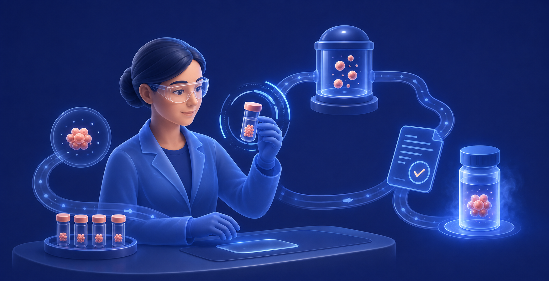 Laboratory technologist handling a cord blood sample alongside processing, documentation, and cryogenic storage steps