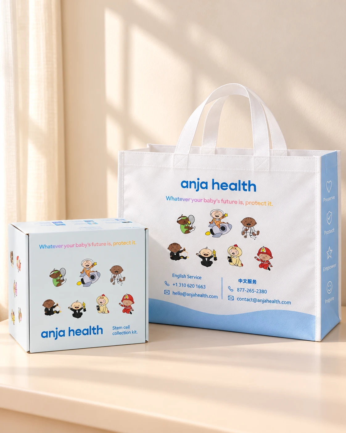 Anja stem cell collection kit box next to the Anja kit bag