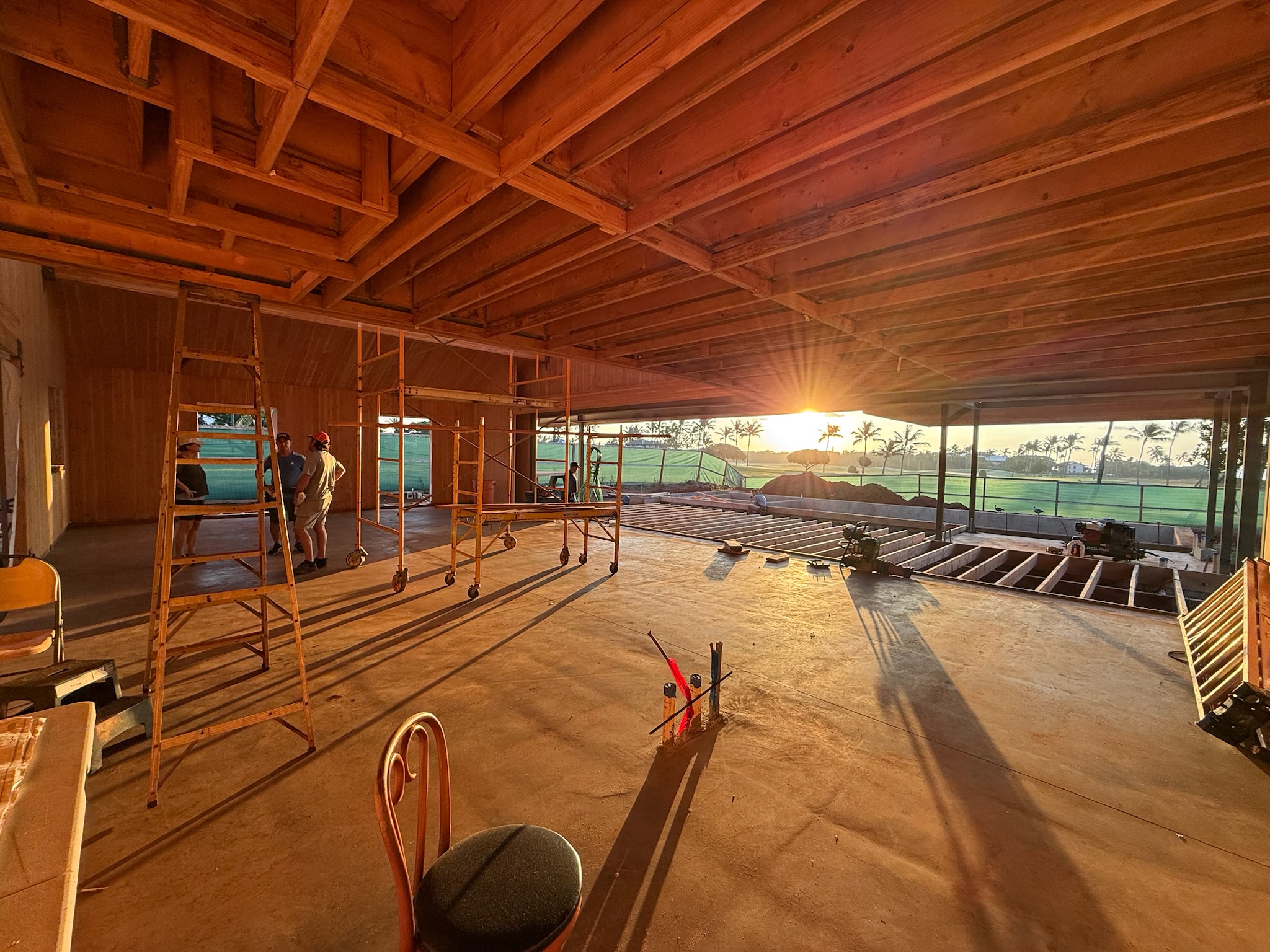 Sunset over the open roof frame