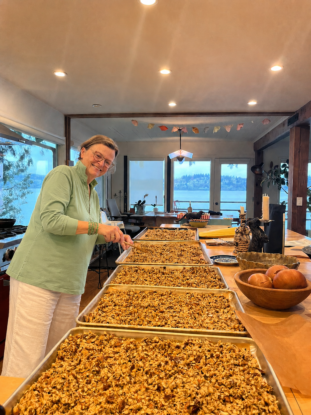 Ruth preparing trays of granola