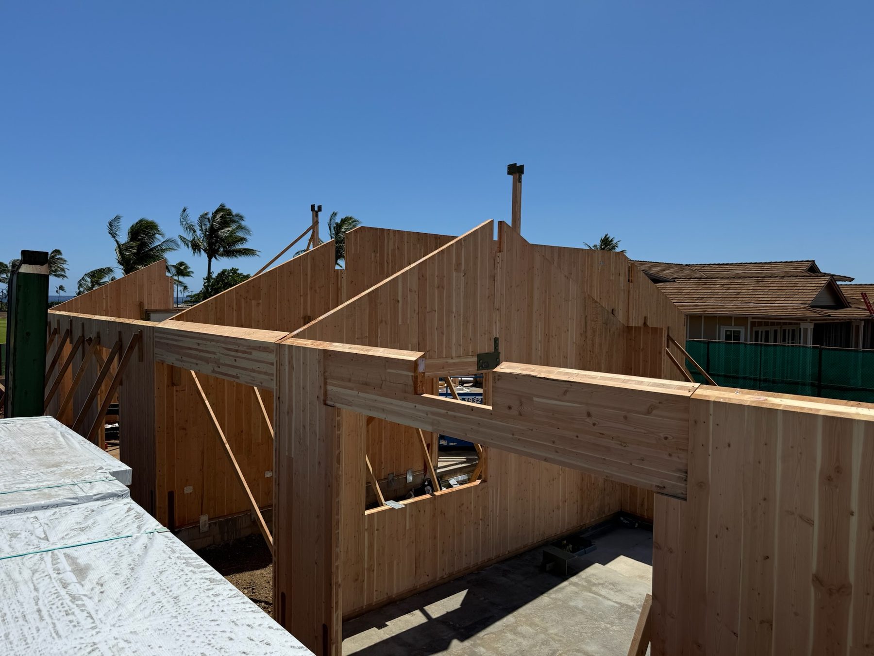 CLT wall panels and timber beams standing on the slab