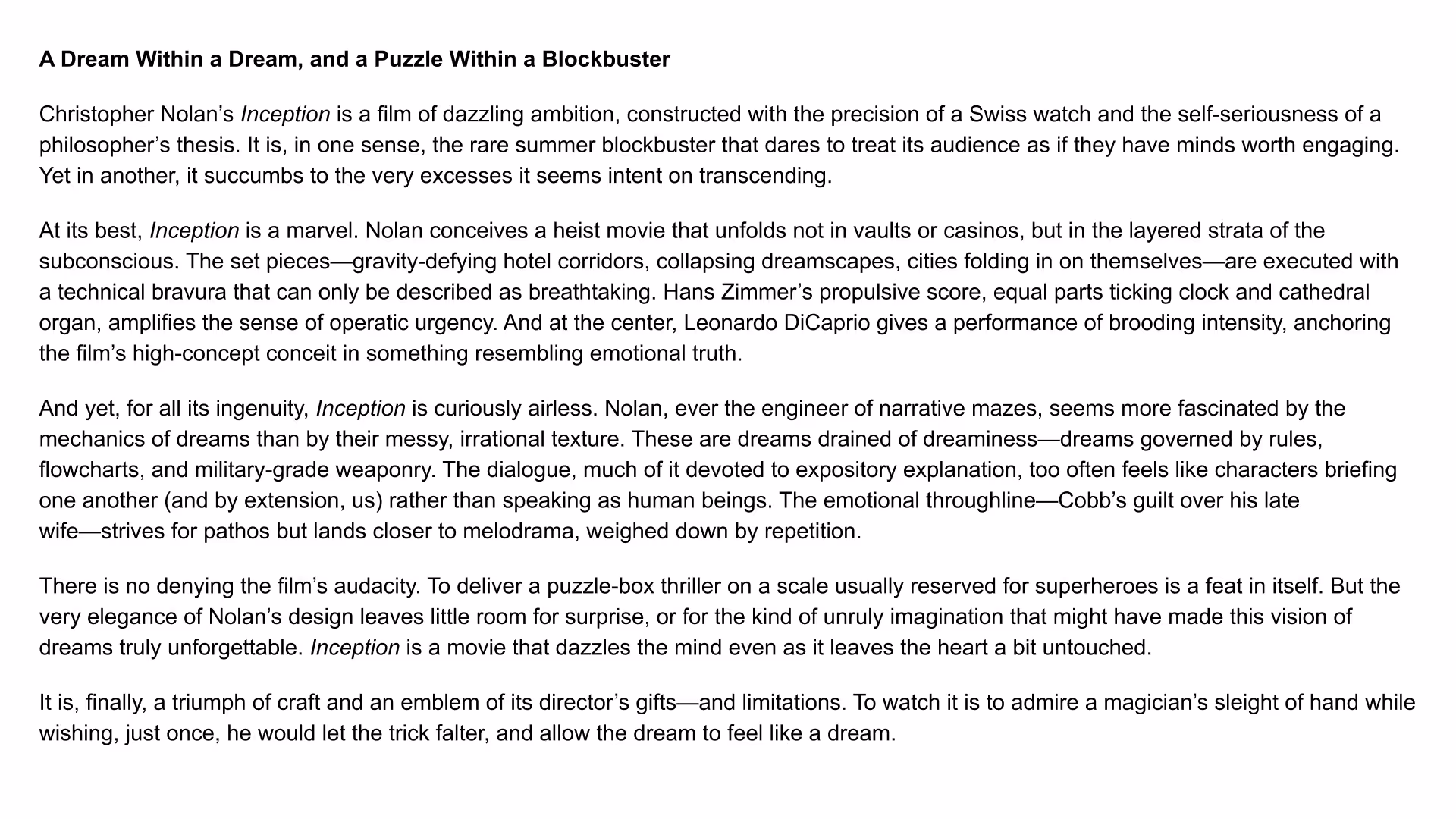 Screenshot of a slide that contains a movie review about the movie Inception in a block of text