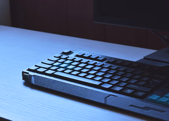 Black mechanical keyboard on a light wooden desk with part of a monitor visible.