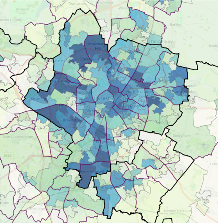A chloropleth map of Leicester showing the different LSOAs shaded according to their Index of Multiple Deprivation decile. LSOAs with higher deprivation are concentrated in the more central areas of the city.