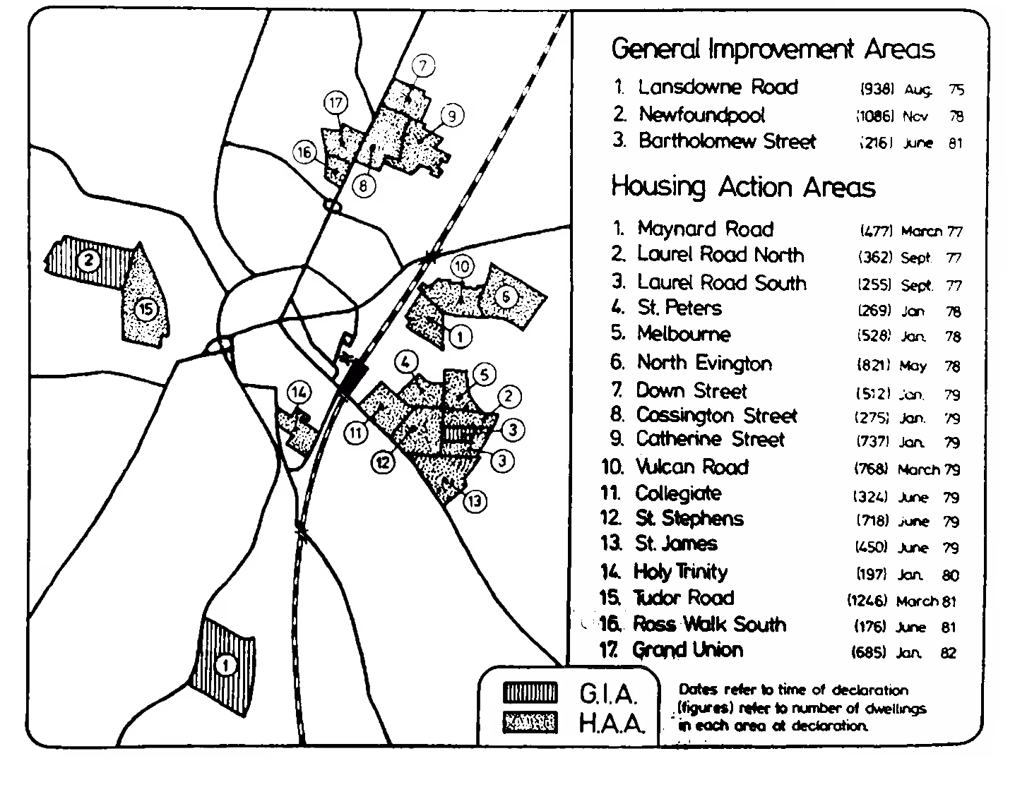 Map of an area of Leicester showing the spread of General Improvement Areas and Housing Action Areas in 1982. The HAAs outnumber the GIAs significantly.