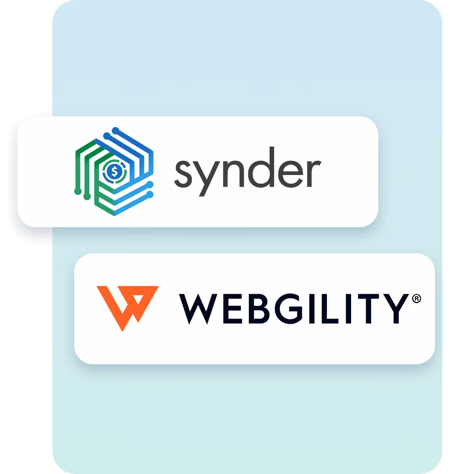 Synder logo with hexagonal circuit design and Webgility logo with orange W symbol on a light blue rounded background.