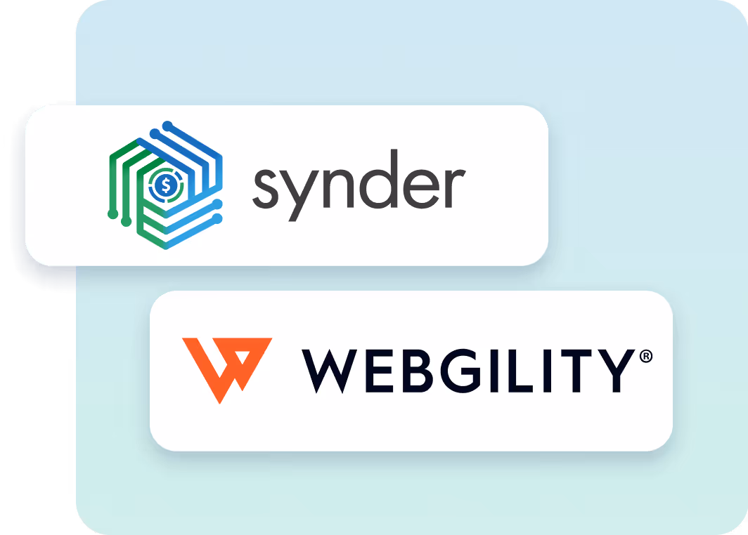 Logos of Synder with a hexagonal circuit design enclosing a dollar sign and Webgility with a stylized orange W on a light blue rounded square background.