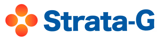 Strata-G logo with four orange-red gradient circular shapes arranged around a central dot to the left of the blue text 'Strata-G'.
