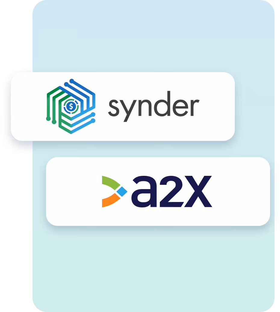 Logos of Synder and a2x displayed on white cards with rounded corners against a blue gradient background.