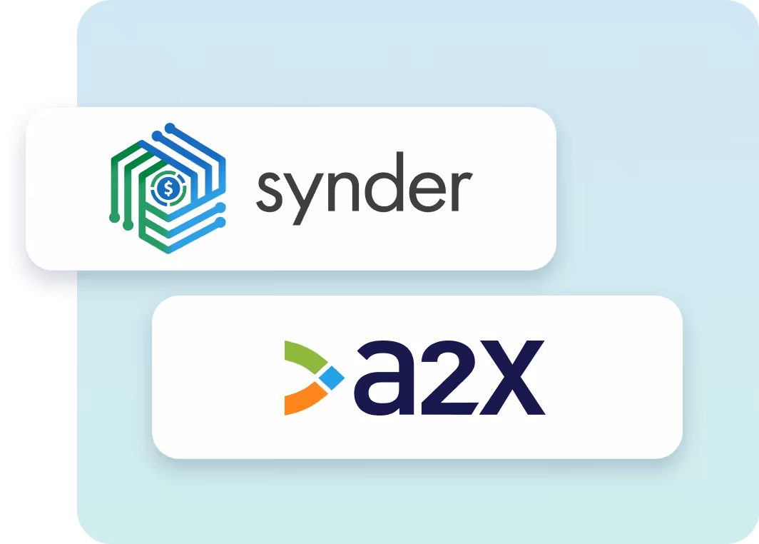 Logos of Synder with a hexagonal design and dollar symbol, and a2x with colorful graphic elements.