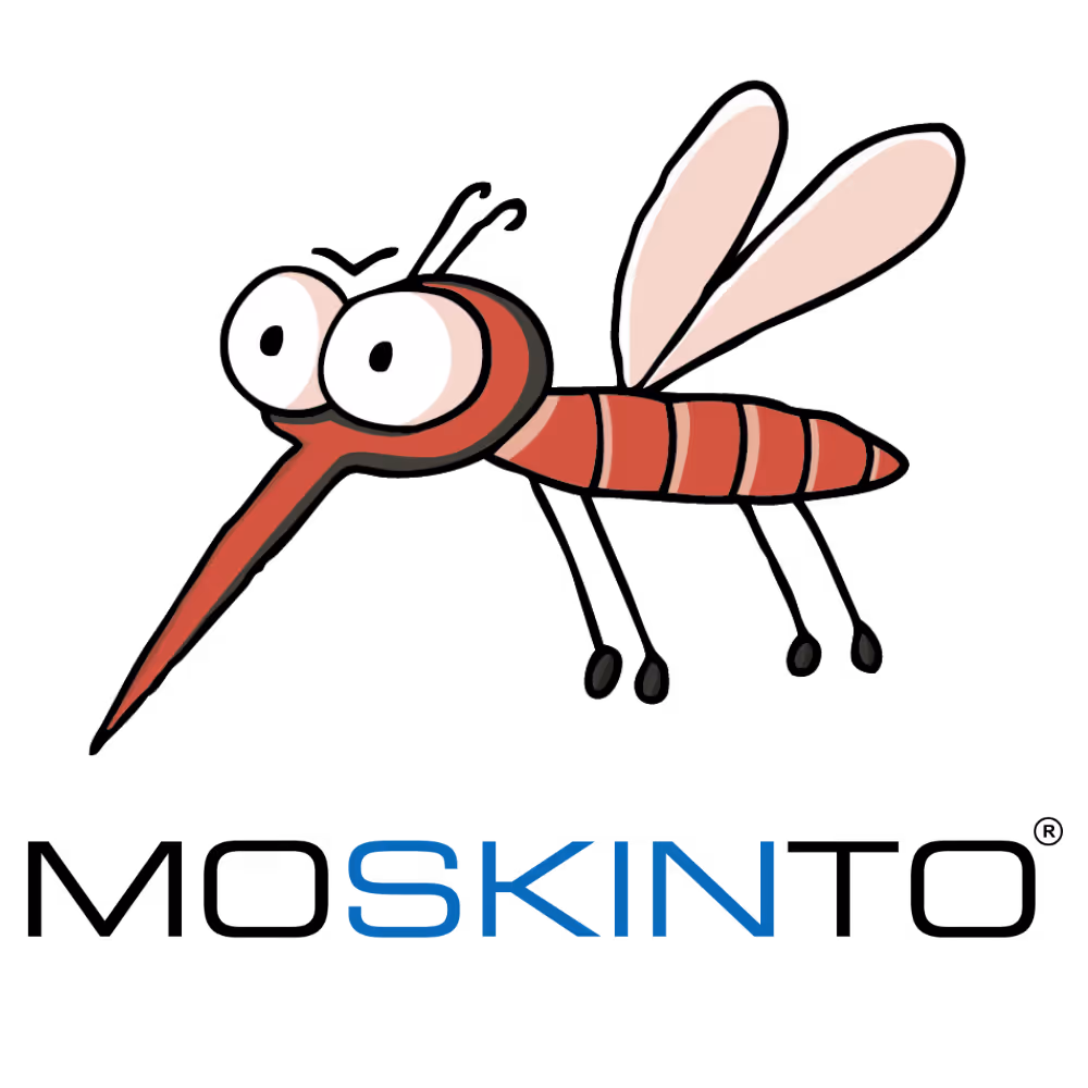 Cartoon mosquito with large eyes and red striped body above the word SKIN in blue capital letters.
