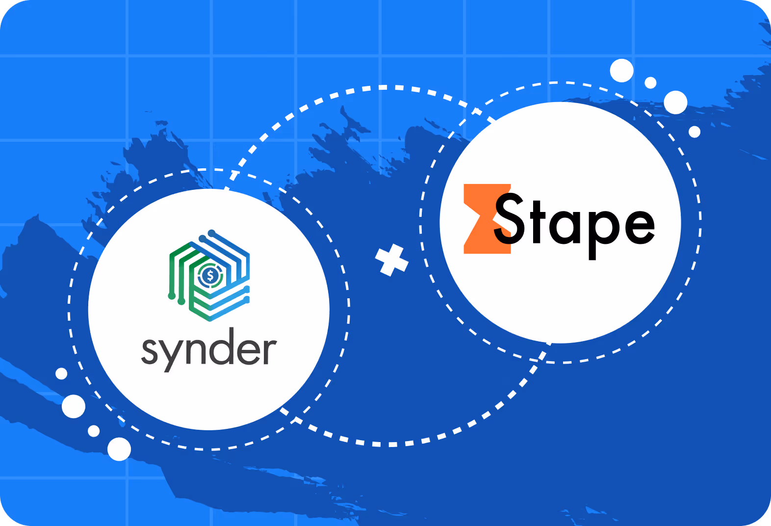 Synder and Stape logos inside overlapping white circles on a blue background with dashed circle outlines and a plus sign between them.