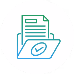 Folder icon with a checkmark containing a document with lines of text and a title box.