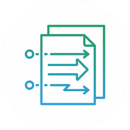 Gradient blue and green icon of two overlapping documents with three horizontal arrows pointing right on the front page.