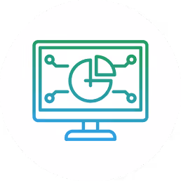Computer monitor displaying a pie chart with connected data points in a gradient blue-green style.