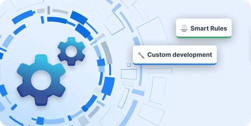 Two blue gears surrounded by circular tech patterns, with labels Smart Rules and Custom development.