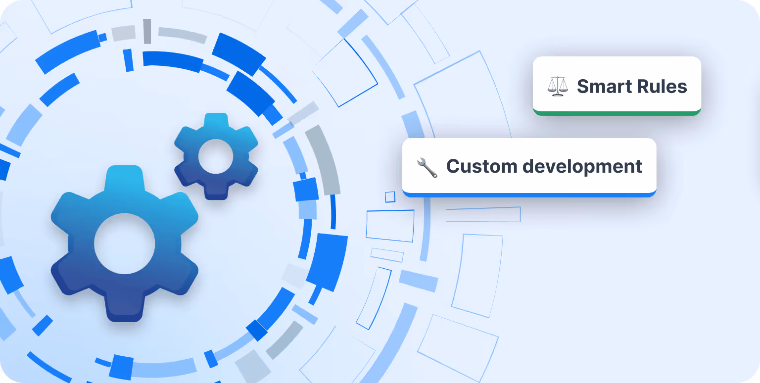 Two blue gears surrounded by circular tech patterns, with labels Smart Rules and Custom development.