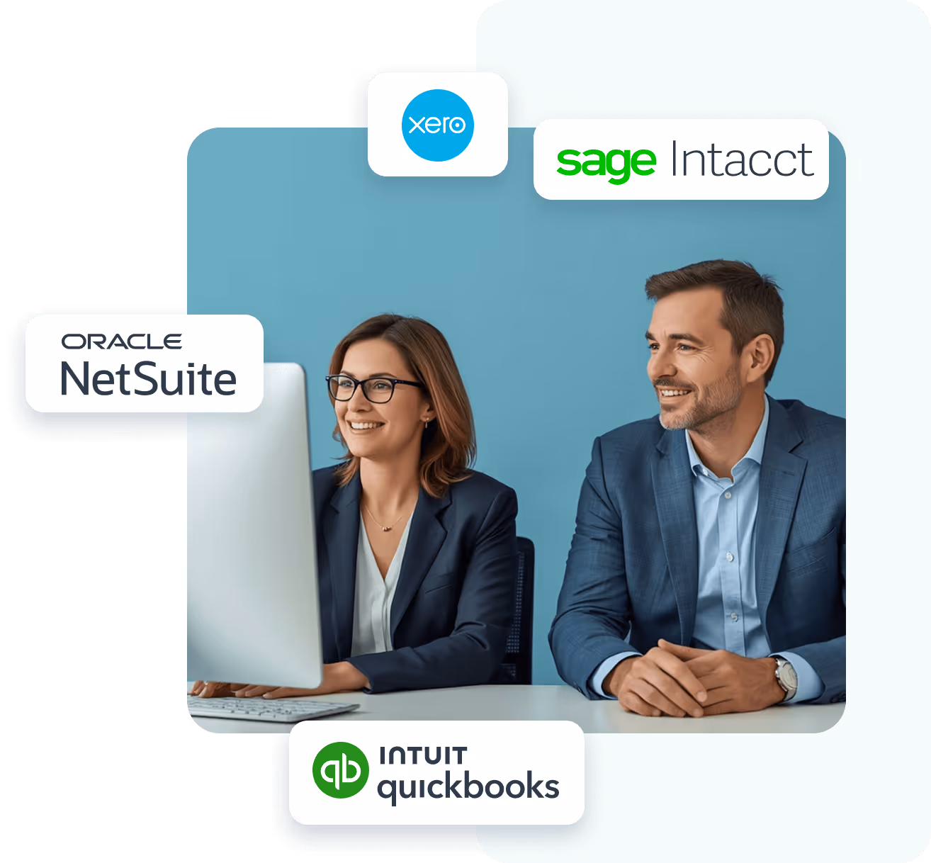 Two business professionals smiling while sitting at a desk with a computer, surrounded by logos of business software: Xero, Sage Intacct, Oracle NetSuite, and Intuit QuickBooks.