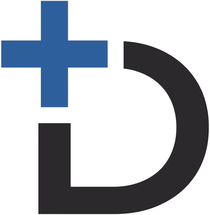 Graphic symbol combining a blue plus sign and a bold black letter D shape.