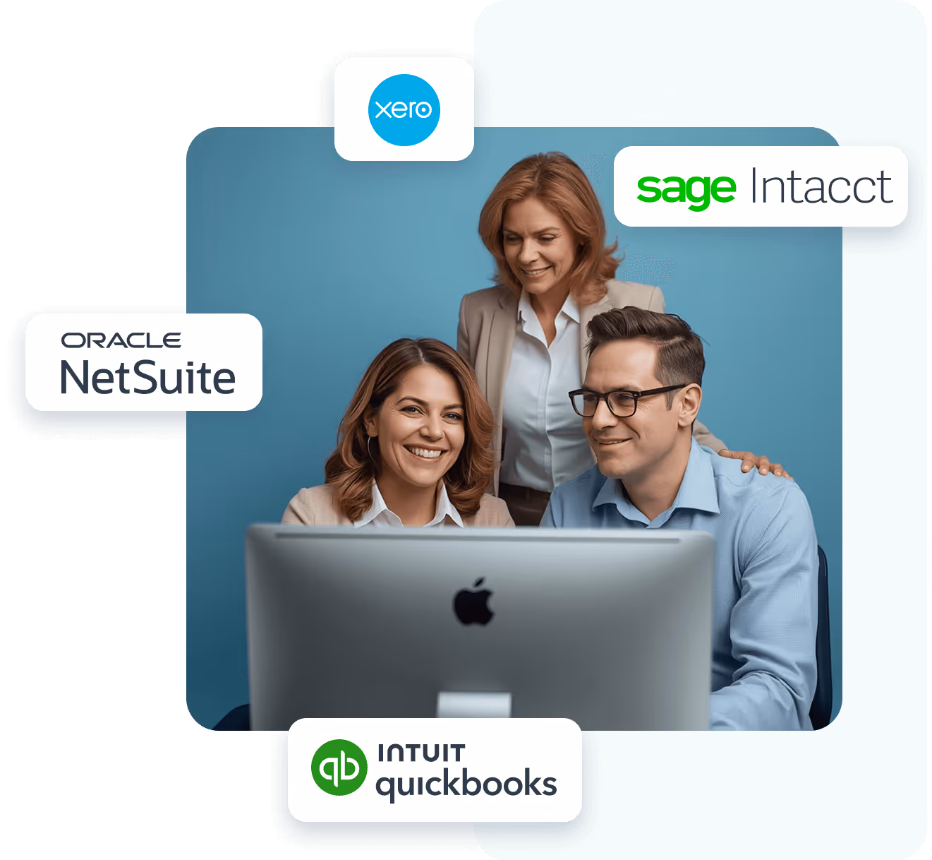Three professionals gathered around an Apple desktop computer, smiling and working collaboratively, surrounded by logos of accounting software: Xero, Sage Intacct, Oracle NetSuite, and Intuit QuickBooks.