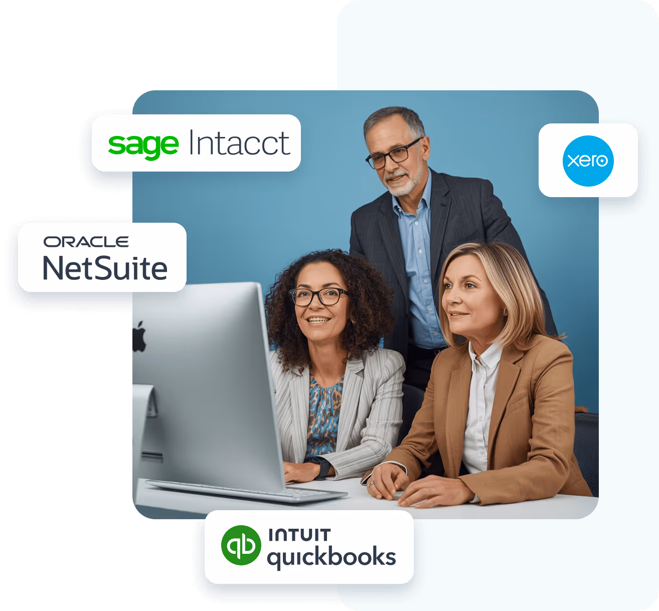 Three business professionals looking at a computer screen with logos for Sage Intacct, Oracle NetSuite, Xero, and Intuit QuickBooks floating around them.