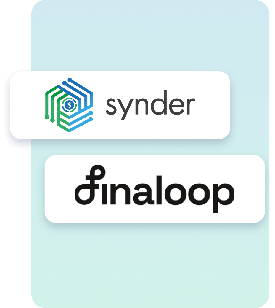 Two business logos on white rounded rectangles against a light blue background, the top shows a hexagonal circuit design with a dollar symbol and the word 'synder', the bottom has the word 'finaloop' with a stylized 'f'.