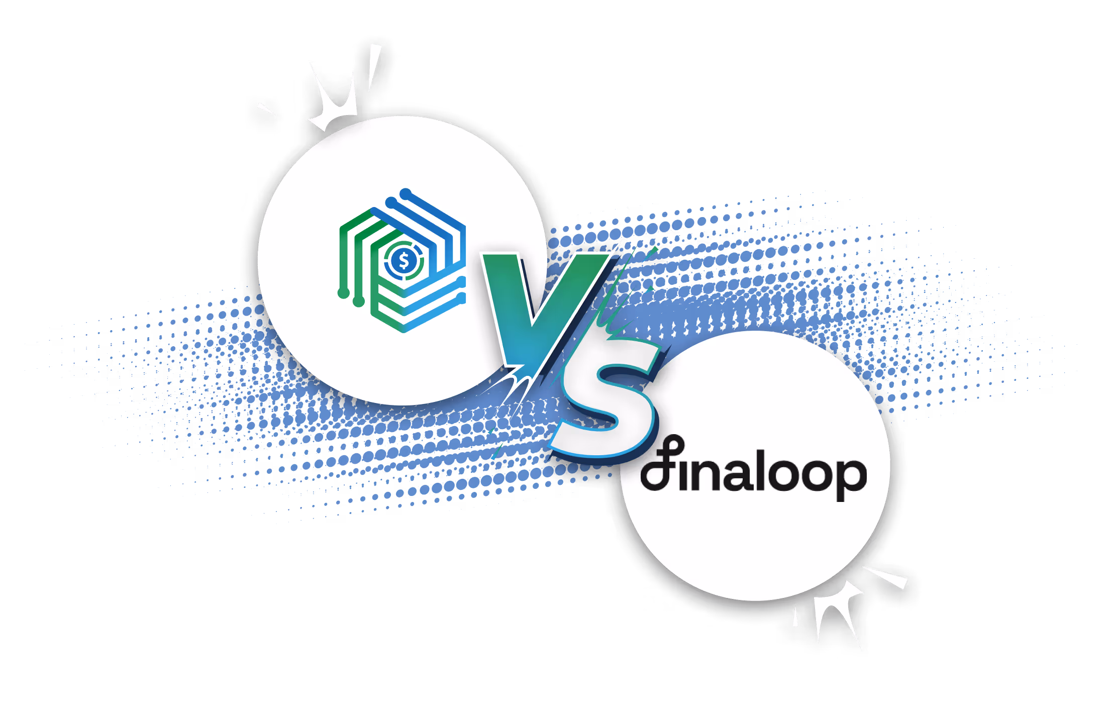 Graphic showing a VS matchup with a hexagon tech logo on the left and Finaloop logo on the right with a blue dotted background streak.