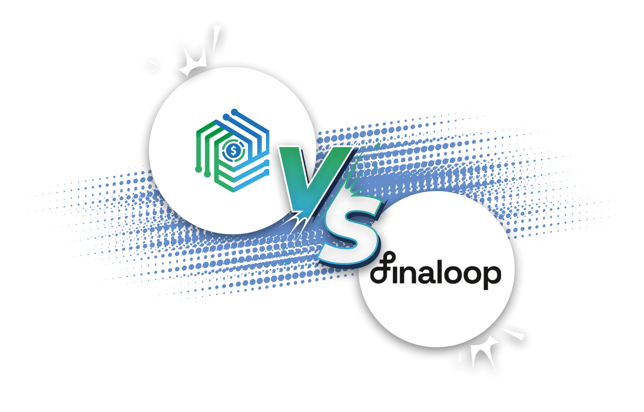 Graphic showing a VS matchup with a hexagon tech logo on the left and Finaloop logo on the right with a blue dotted background streak.