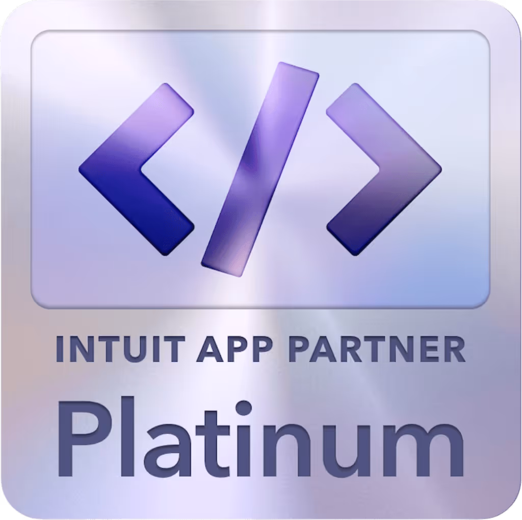 Intuit App Partner Platinum badge with purple code brackets on a shiny silver background.