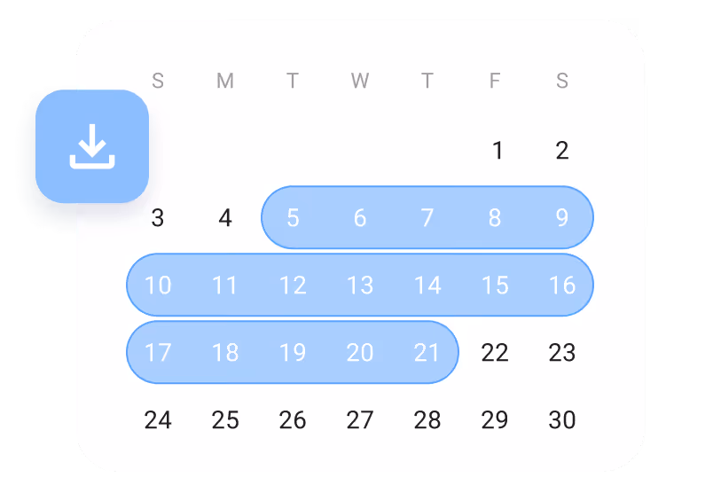 Calendar showing days from Sunday to Saturday with three highlighted date ranges: 5th to 9th, 10th to 16th, and 17th to 21st of the month.