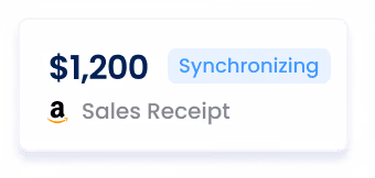 Amazon sales receipt showing amount $1,200 with a blue label Synchronizing.