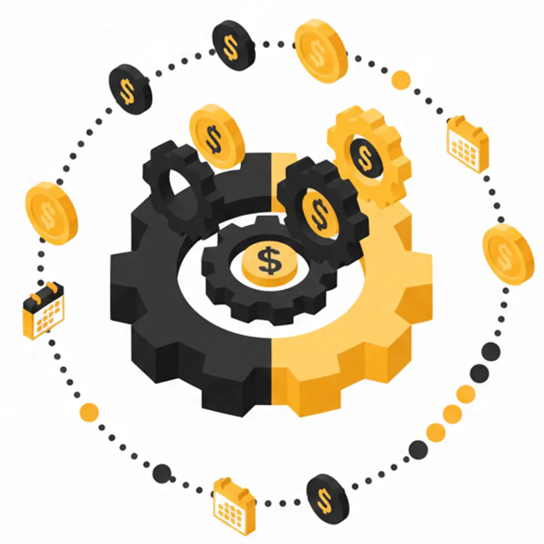 Ilustração isométrica de engrenagens pretas e amarelas no centro, com símbolos de cifrão. Ao redor das engrenagens, um círculo pontilhado contém moedas douradas e ícones de calendário, sugerindo a dinâmica do fluxo financeiro, prazos e o funcionamento do sistema tributário.