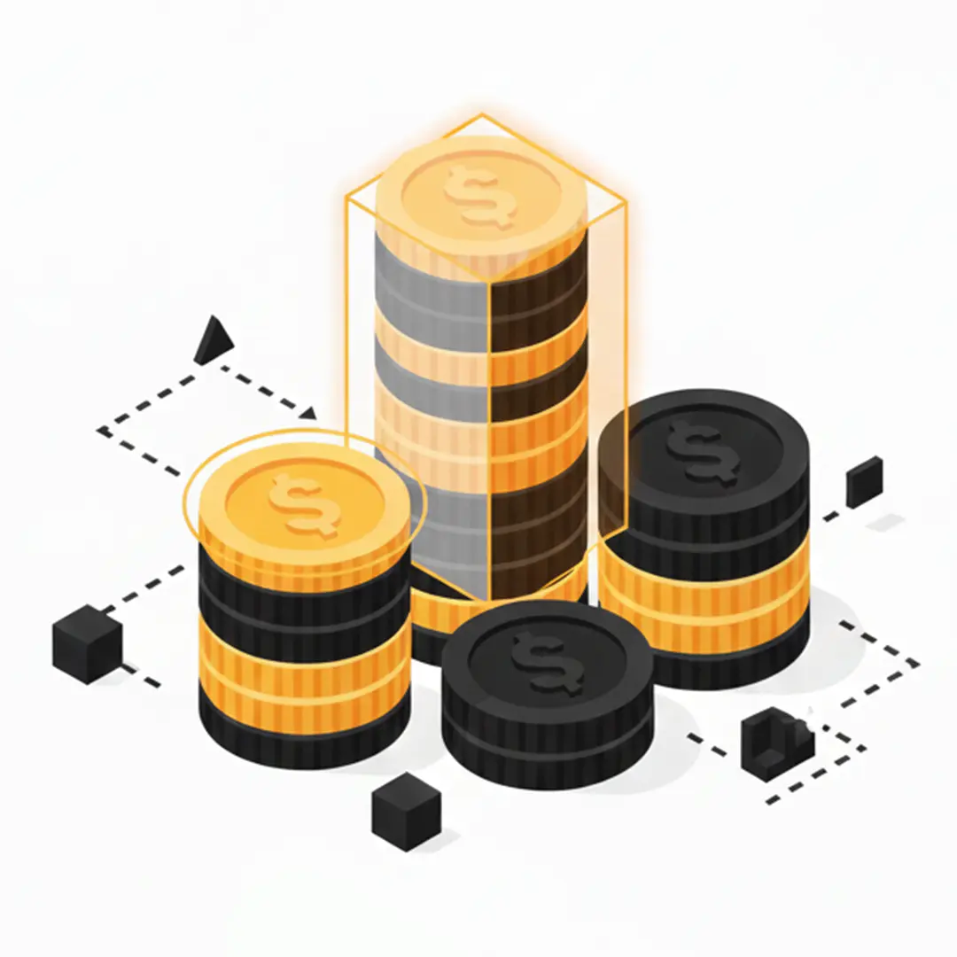 Ilustração de três pilhas de moedas em tons de preto e dourado. A pilha central, mais alta, está envolta por um contorno brilhante e transparente, sugerindo destaque ou proteção. Elementos geométricos e linhas pontilhadas conectam as pilhas na base.