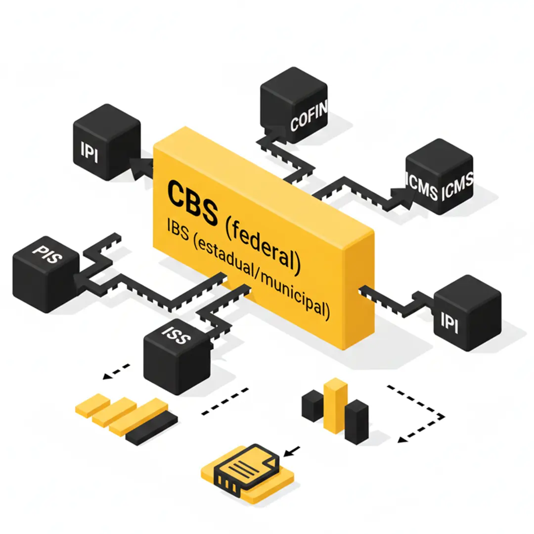 Infográfico isométrico mostrando a unificação de impostos. No centro, um bloco amarelo grande escrito "CBS (federal) / IBS (estadual/municipal)". Setas conectam esse bloco a cubos pretos periféricos com as siglas de impostos atuais: PIS, COFINS, IPI, ISS e ICMS, representando a simplificação tributária.