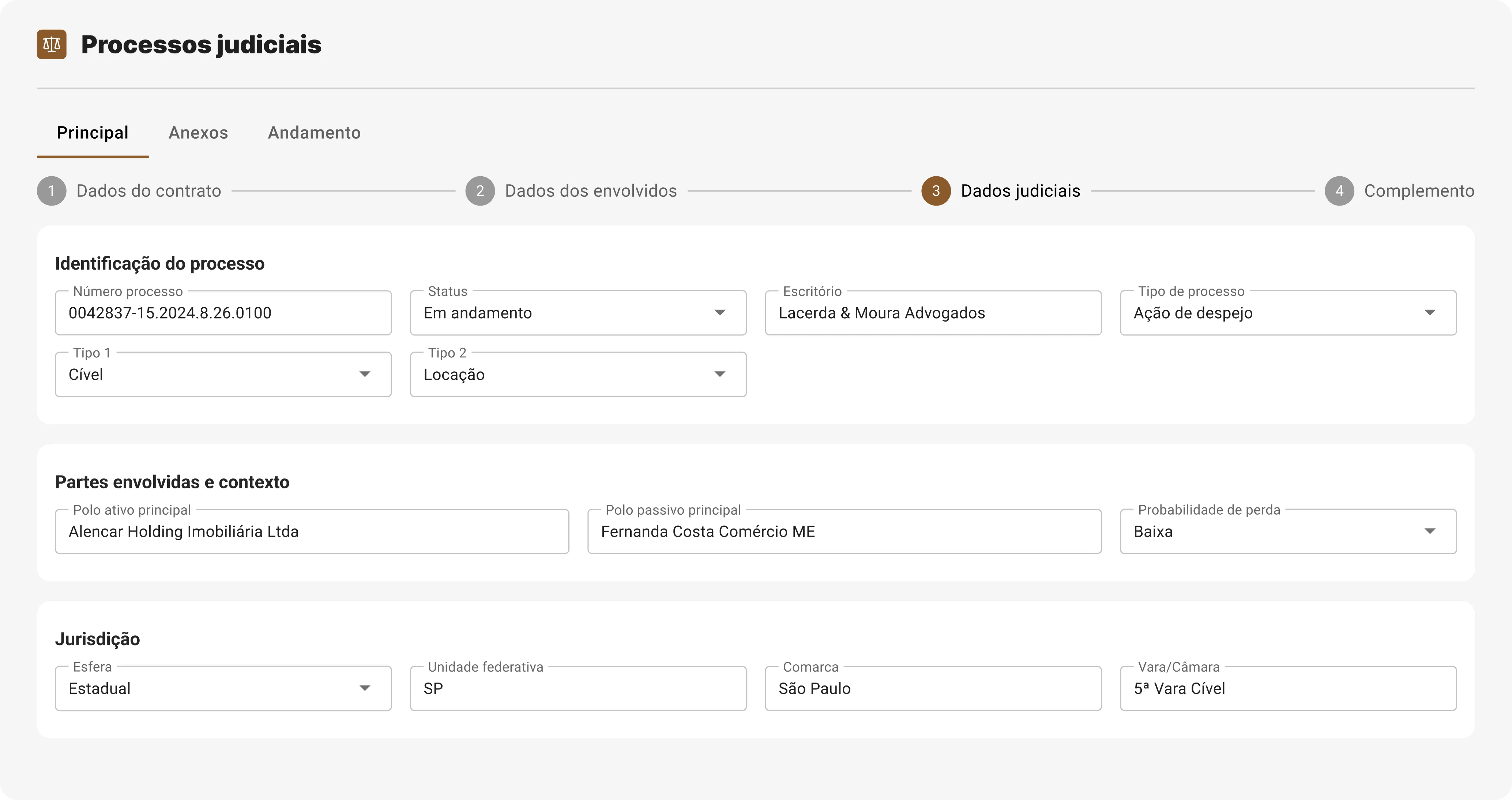 Interface de sistema de processos judiciais mostrando informações de identificação do processo, partes envolvidas, contexto e jurisdição em uma aba chamada Dados judiciais.