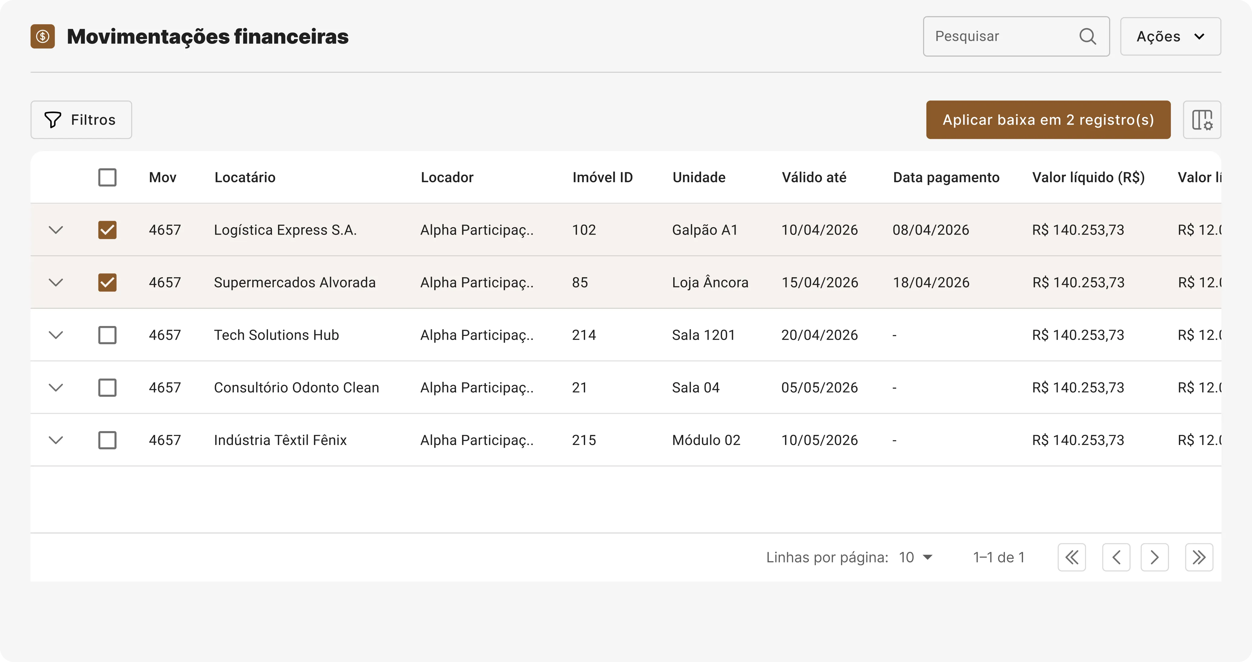Tabela de movimentações financeiras com colunas para Mov, Locatário, Locador, Imóvel ID, Unidade, Válido até, Data pagamento e Valor líquido.