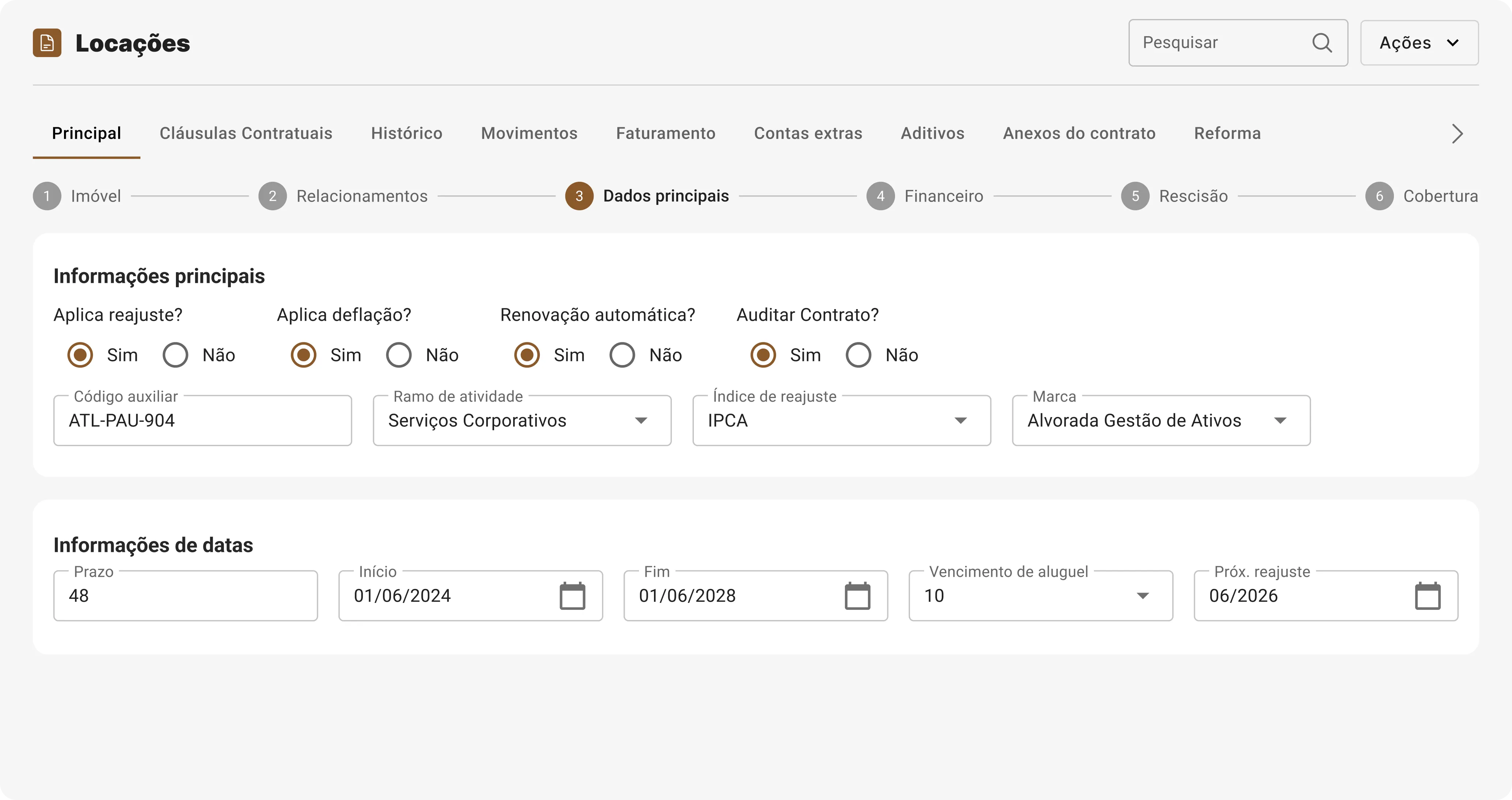 Tela de sistema de locações mostrando aba Principal com dados principais e informações de datas como reajuste aplicado, deflação, renovação automática, código auxiliar ATL-PAU-904, ramo Serviços Corporativos, índice IPCA, marca Alvorada Gestão de Ativos, prazo 48, início 01/06/2024, fim 01/06/2028, vencimento do aluguel 10, e próximo reajuste 06/2026.