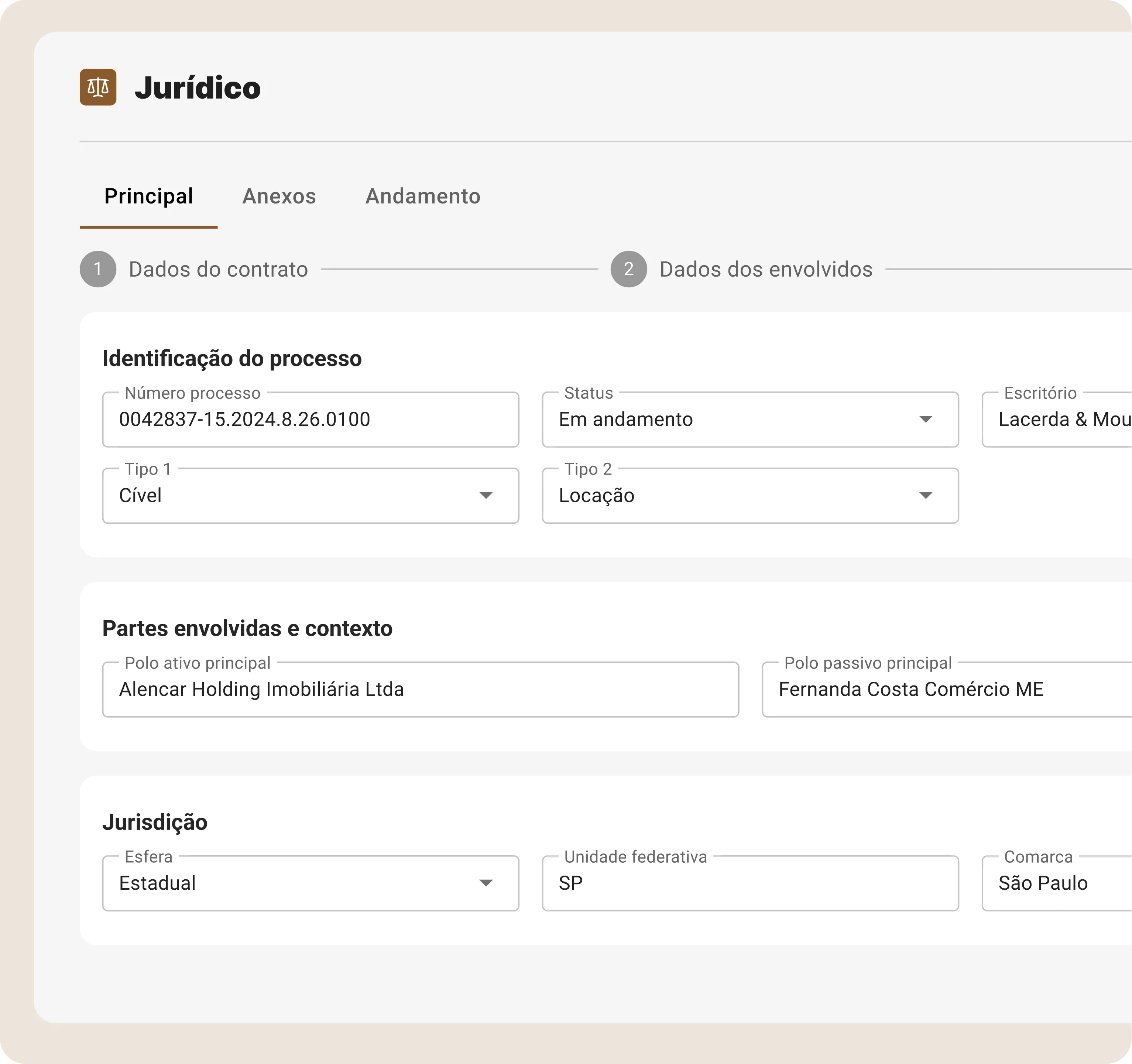 Interface de software jurídico mostrando dados do processo civil em andamento, com partes envolvidas Alencar Holding Imobiliária Ltda e Fernanda Costa Comércio ME, jurisdição estadual em São Paulo.