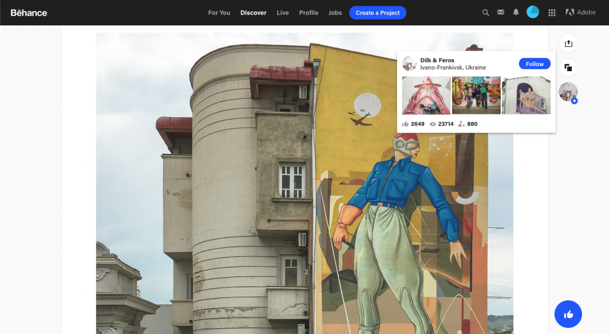 This is an example of a tooltip with a follow button CTA from Behance. It shows artwork on the screen and a tooltip that has popped up over the social profile of the artist. 