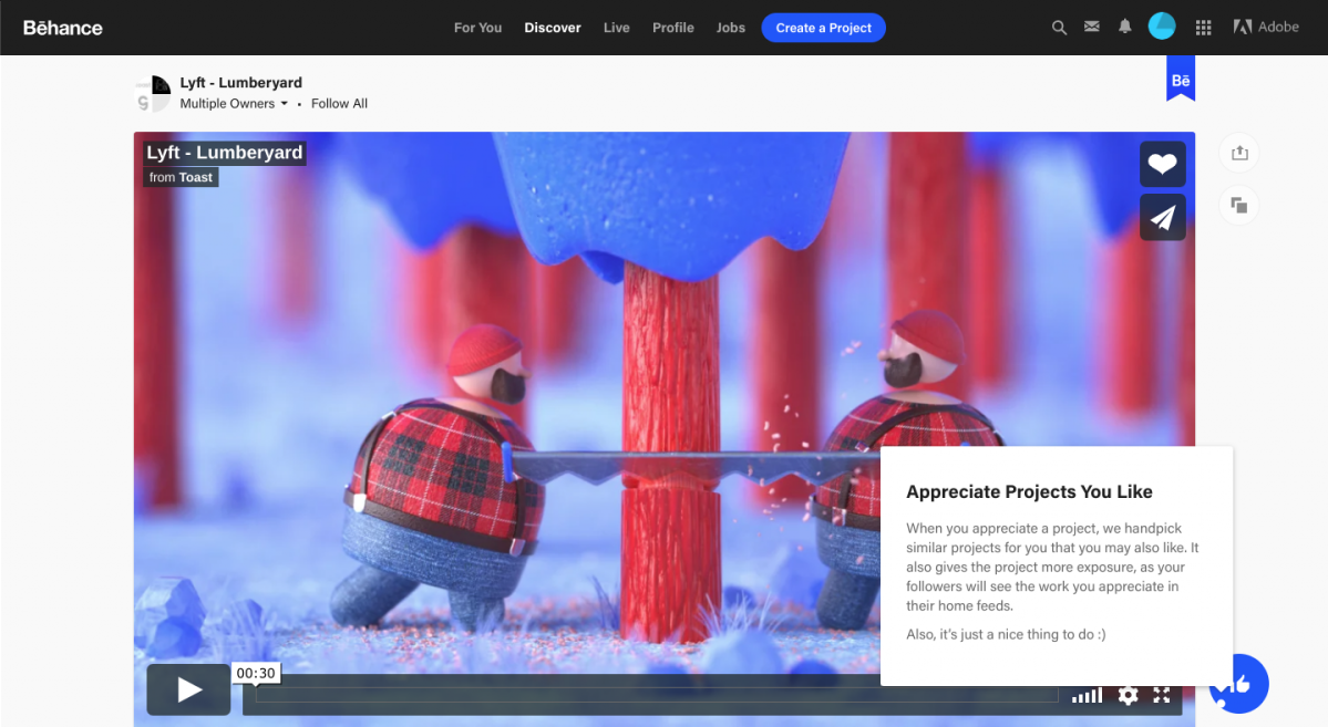 This image shows a video project on behance with a hotspot beacon ui pattern and a tooltip with the title "appreciate projects you like". This is an example of unobtrusive UI and good UX copywriting