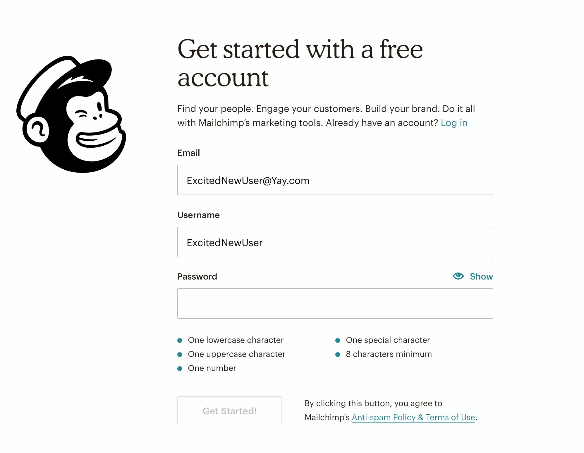 This is a gif image of mailchimp's live real time password checker showing a user making an account with username and password fields.