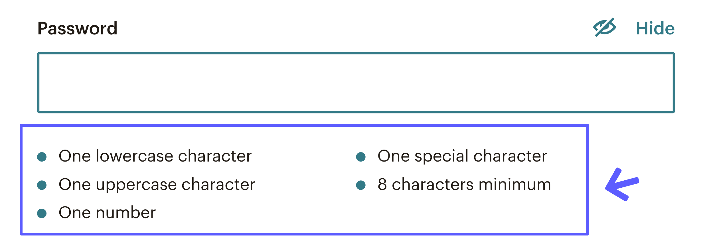 This is an image of a realtime password checker which is an example of good UX. Below the password field is a lsit of requirements. this has been highlighted with a drawn box and arrow