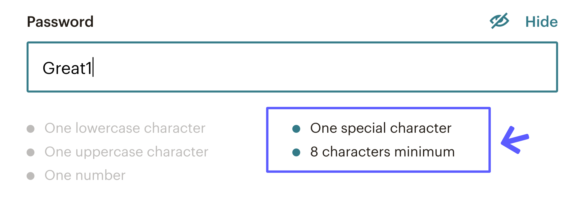 This is an image of a realtime password checker which is an example of good UX. Below the password field is a lsit of requirements. this has been highlighted with a drawn box and arrow