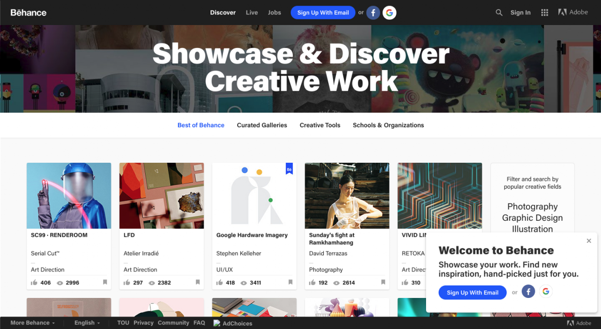 This is a screenshot of Adobe's Behance website homepage. The header has collage of images and text that says "showcase & discvoer creative work". Single sign on buttons are prominent in the top navigational menu. A gallery of designer images is at the bottom of the screen.