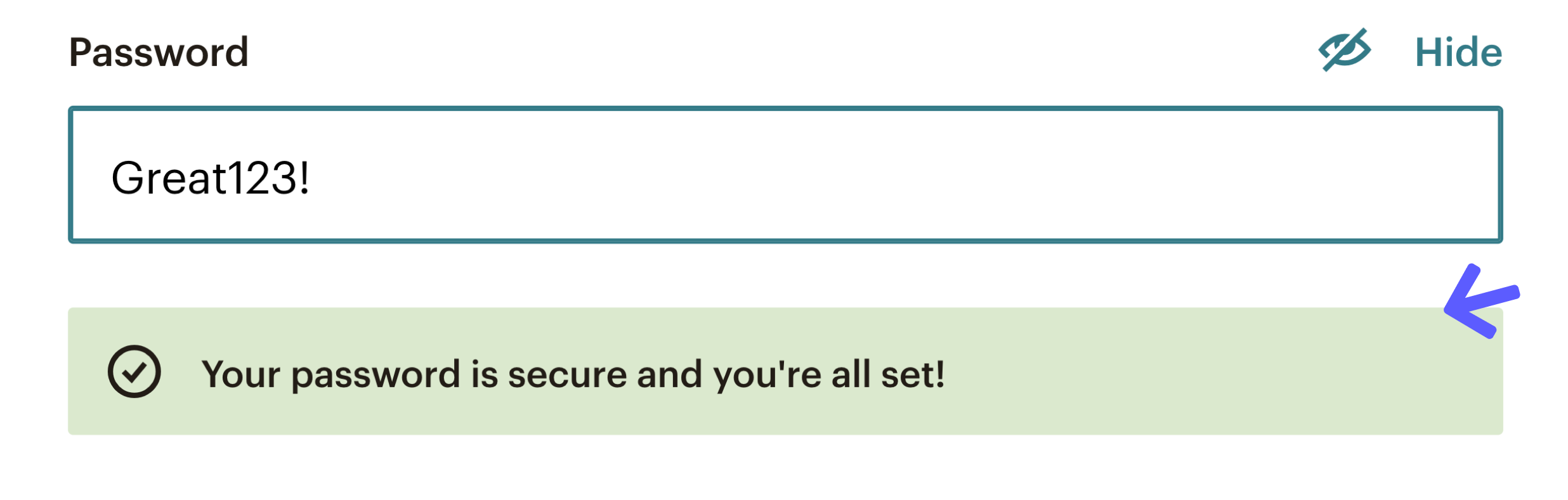 This is an image of a realtime password checker which is an example of good UX. Below the password field is green bar with a checkmark that shows a password creation success message.